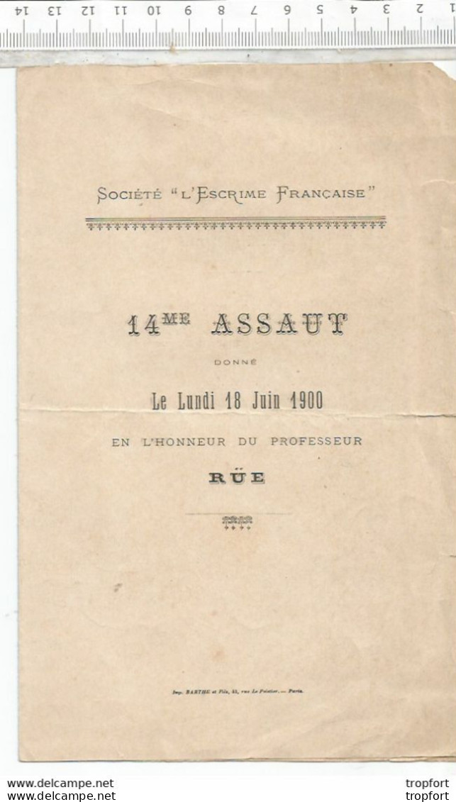 RU // Rare PROGRAMME Société Amicale D'ESCRIME 18 Juin 1900 / 14me ASSAUT RUE Ramus épée - Programmi