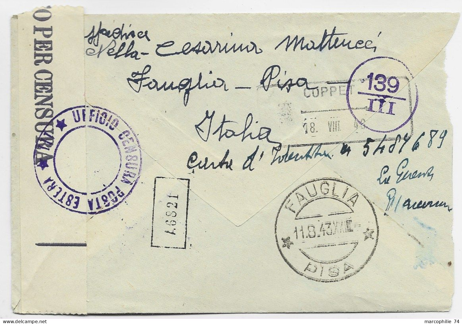 ITALIA 1.25 SOLO LETTRE COVER FAUGLIA 1943 PISA TO SUISSE CENSURA - Marcofilía