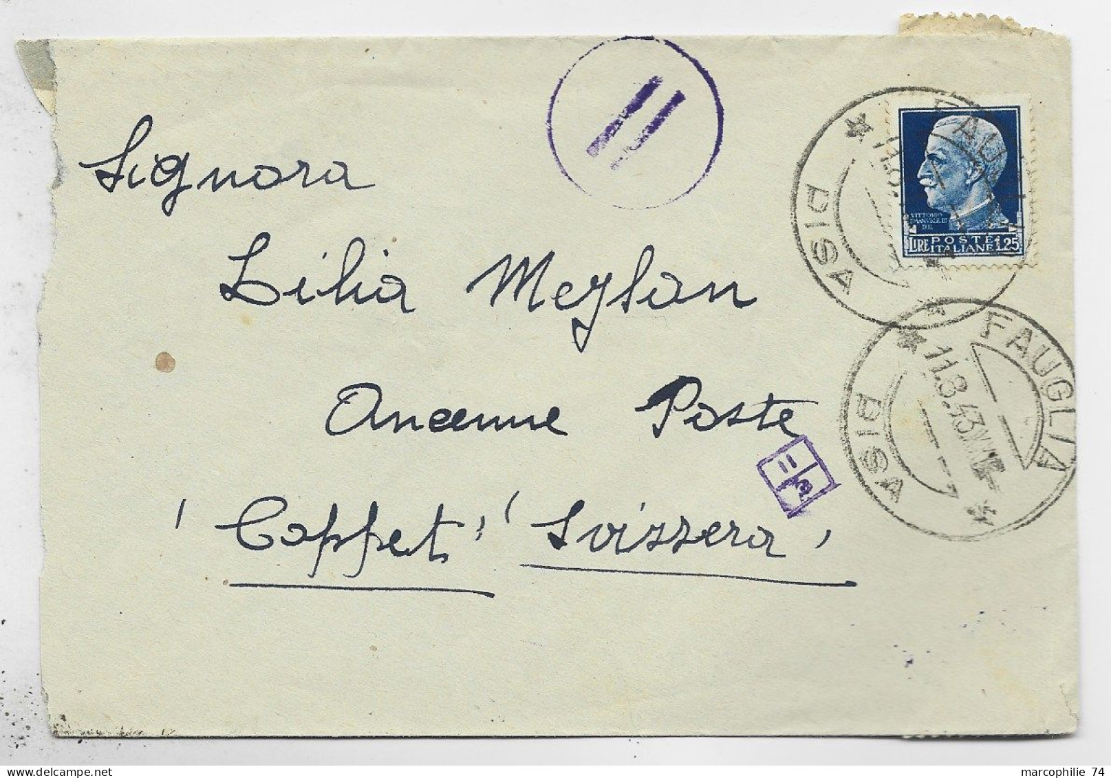 ITALIA 1.25 SOLO LETTRE COVER FAUGLIA 1943 PISA TO SUISSE CENSURA - Storia Postale