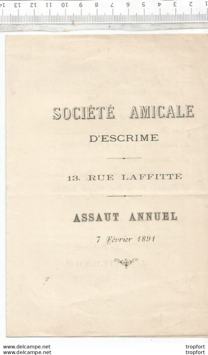 RU // Rare PROGRAMME Société Amicale D'ESCRIME 7 Février 1891 ASSAUT ANNUEL Leneveu VERNE Marty NIVOIX - Programma's