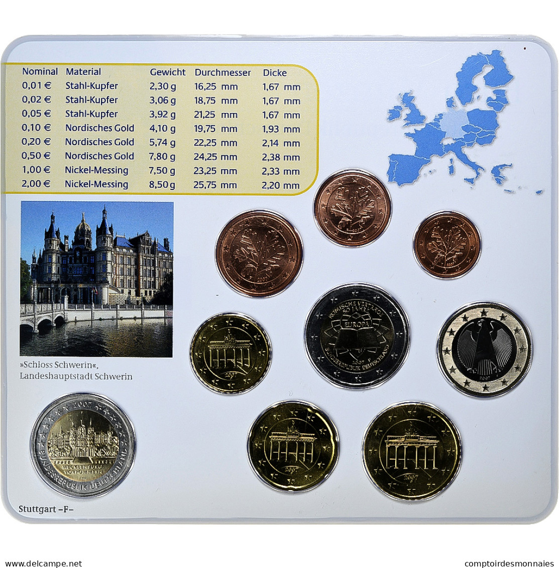 République Fédérale Allemande, Set 1 Ct. - 2 Euro + 2€, Schloss Schwerin - Alemania