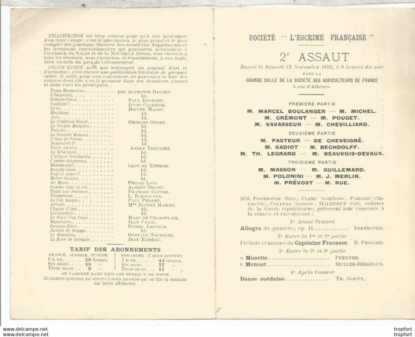 RU Cpa // Rare PROGRAMME Théâtre L'ESCRIME FRANCAISE 1893 2 Me ASSAUT Bechdolff POLONINI Vavasseur - Programme