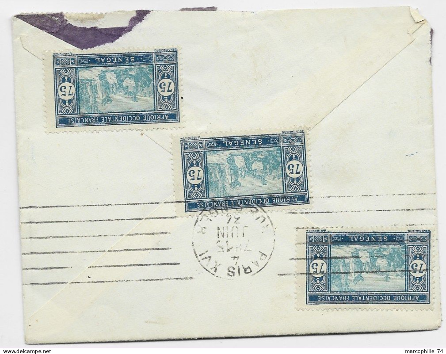 SENEGAL 45C+75C+5C LETTRE MAL OUVERTE + VERSO 75CX3 DAKAR AVION 1934 TO FRANCE - Lettres & Documents