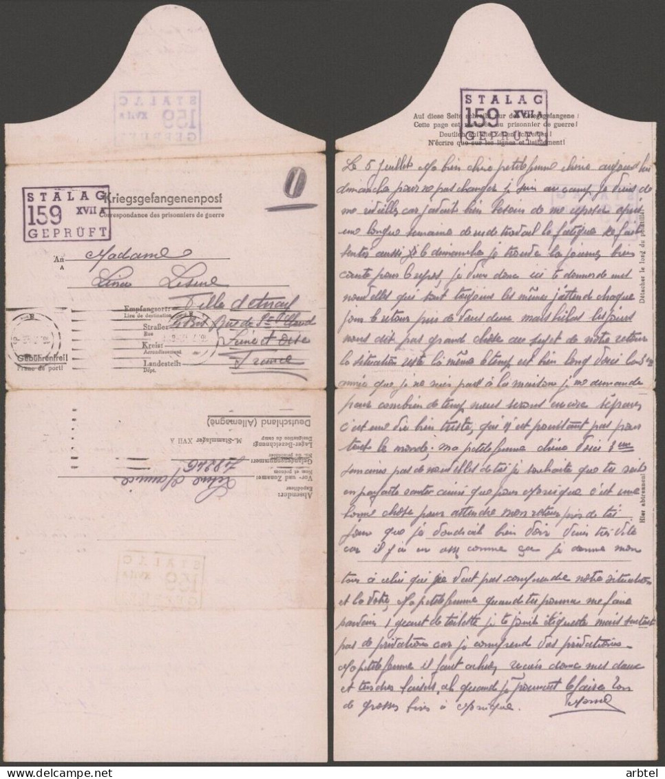 ALEMANIA A SEINE ET OISE POW CORREO PRISIONEROS DE GUERRA STALAG XVIIA 1942 - Storia Postale