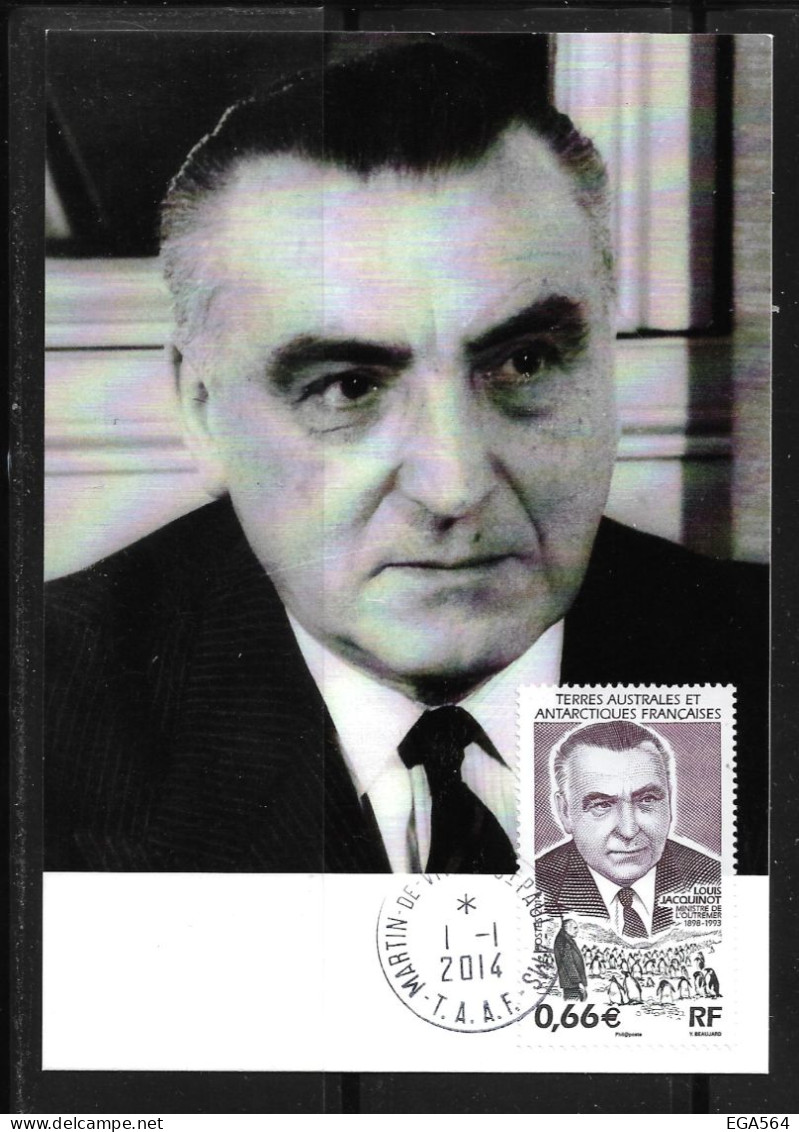 123-Y&T 686 Pierre Jacquinot Ministre De L'Outre Mer Sur Carte MAXI FDC Du 1.1.2014 St-Paul AMS - Cartas & Documentos