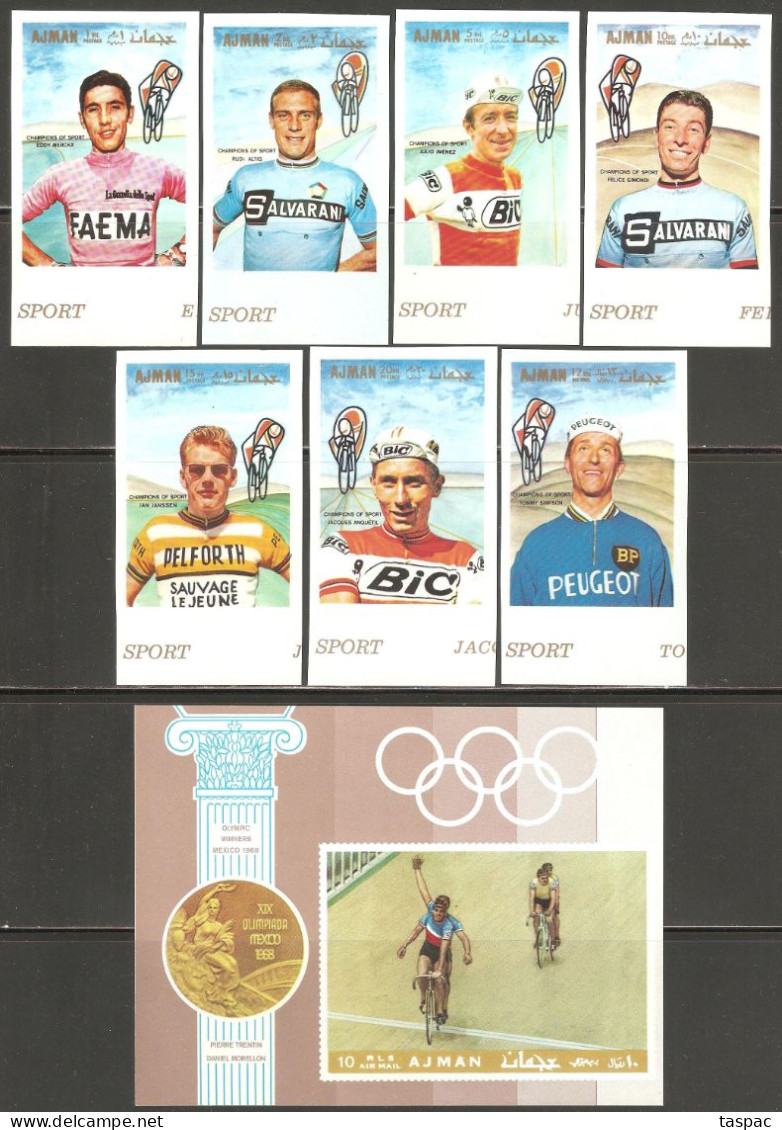 Ajman 1969 Mi# 354-360, Block 77 B ** MNH - Imperf. - Cycling / Summer Olympics, Mexico City '68 - Radsport