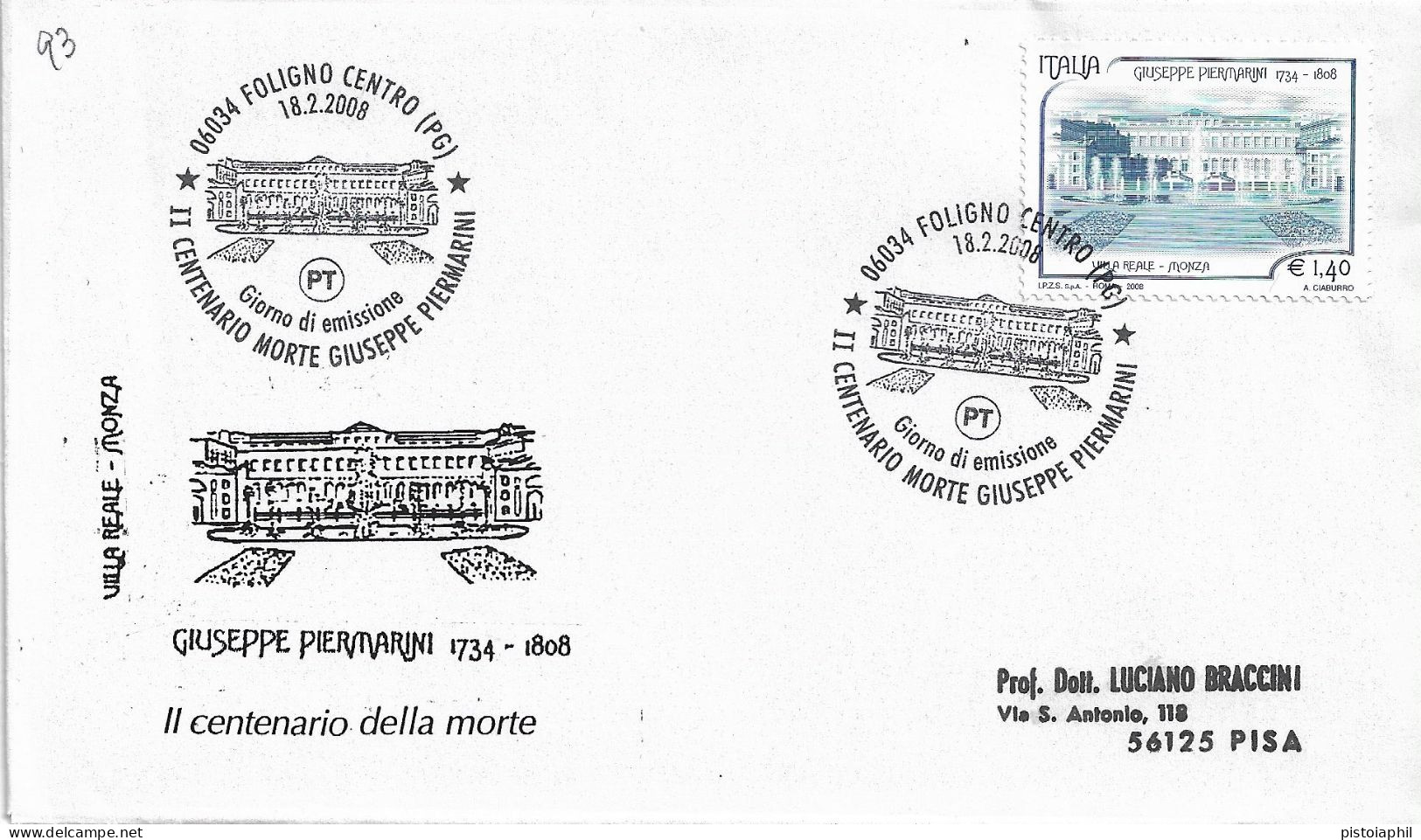 Fdc Ditta Ignota: GIUSEPPE PIERMARINI (2008); No Viaggiata; Annullo Speciale Foligno - FDC