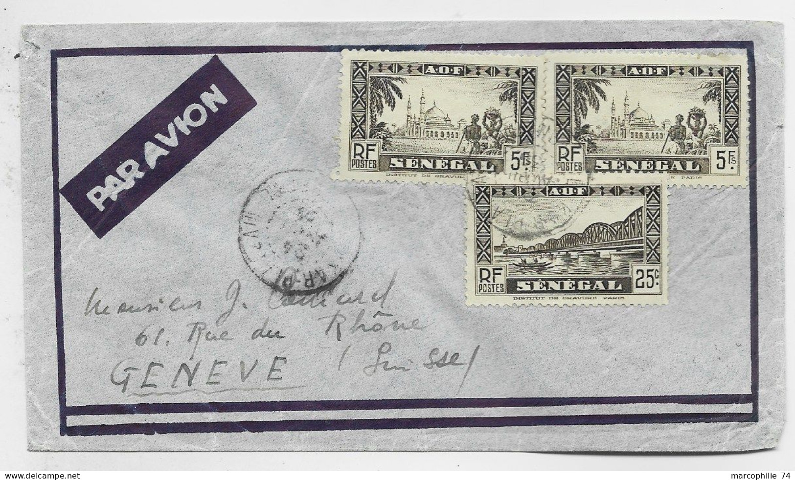 SENEGAL 5FRX3 LETTRE COVER AVION DAKAR 1938 TO SUISSE - Brieven En Documenten