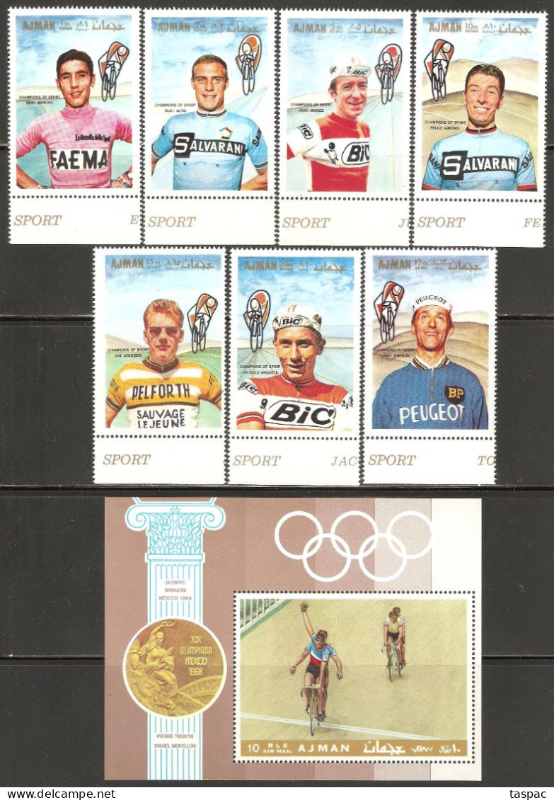 Ajman 1969 Mi# 354-360, Block 77 A ** MNH - Cycling / Summer Olympics, Mexico City '68 - Ciclismo