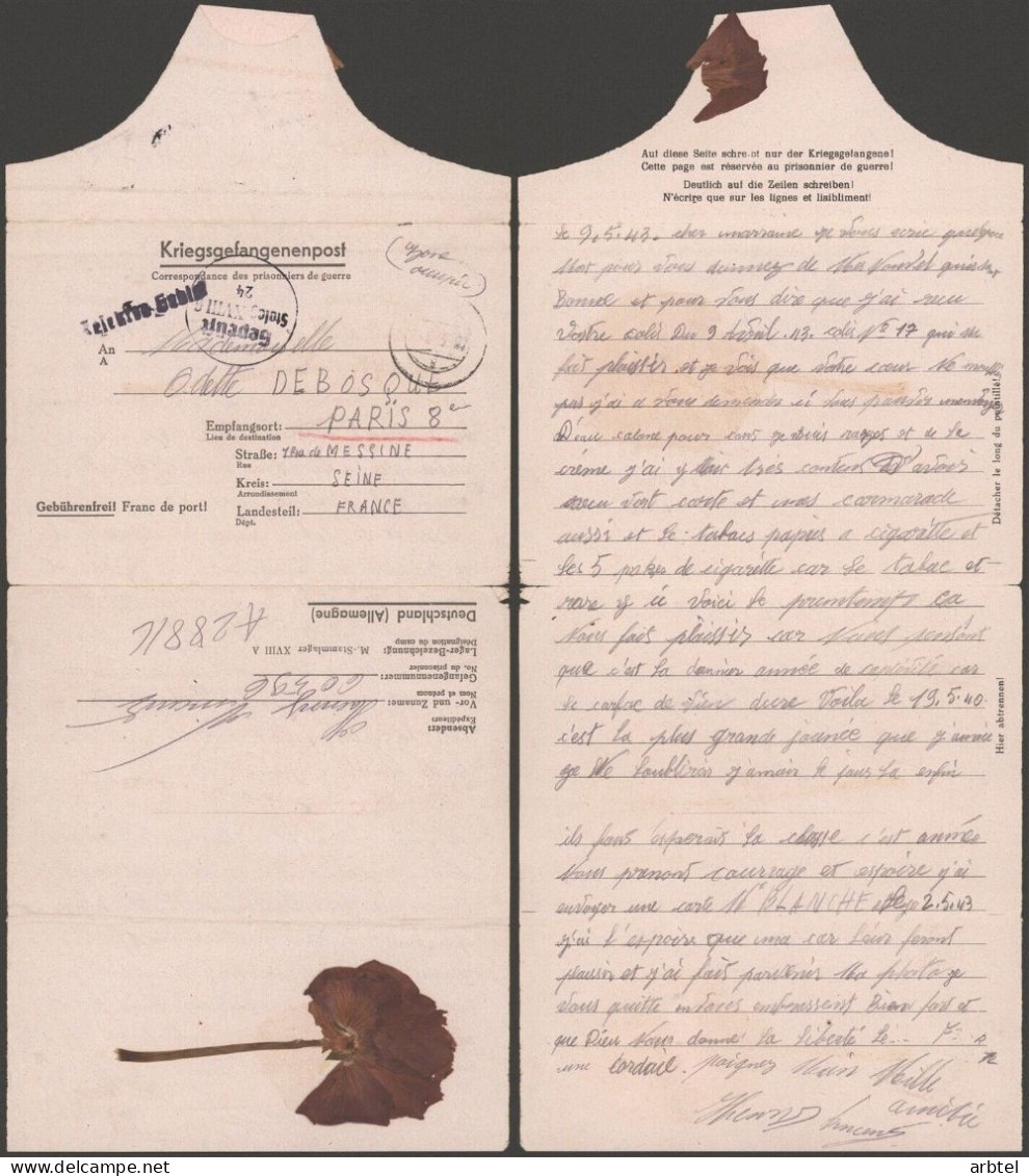 ALEMANIA A PARIS FRANCIA POW CORREO PRISIONEROS DE GUERRA STALAG XVIIIA - Cartas & Documentos