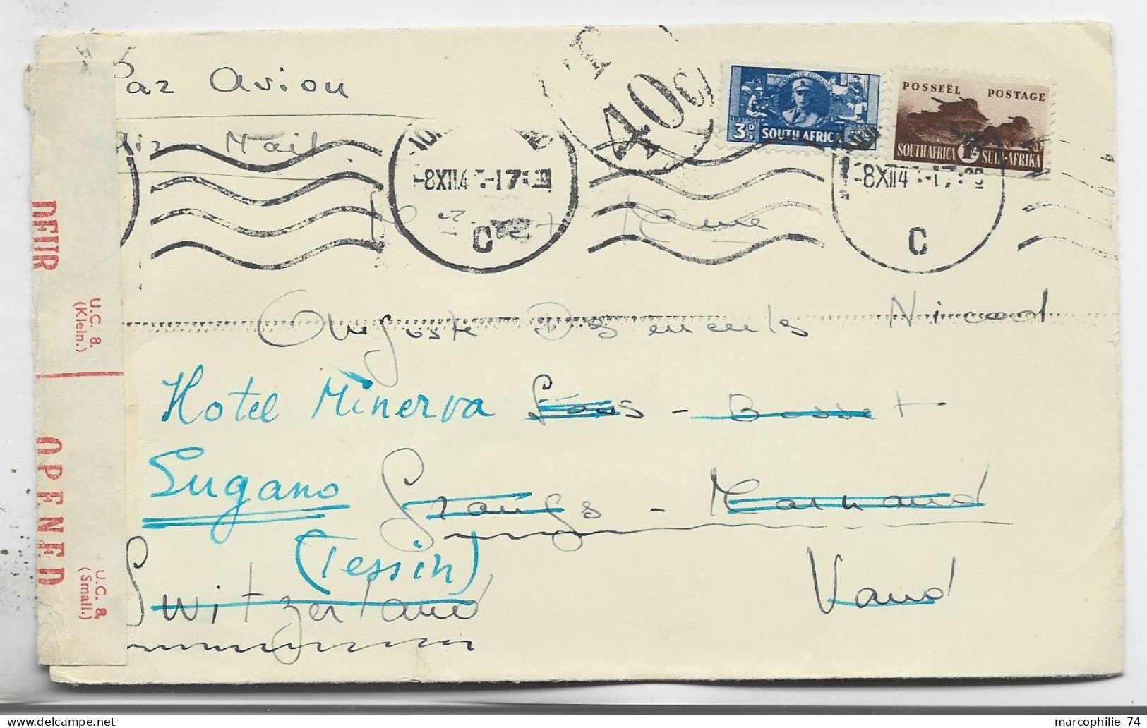 SOUTH AFRICA 3D+1D LETTRE COVER AIR MAIL AVION JOHHANESBURG 1941 TO LUGANO SUISSE TESSIN CENSOR OOPGEMAAK - Cartas