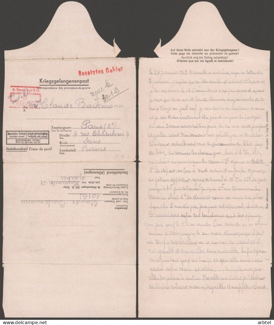 ALEMANIA A PARIS FRANCIA POW CORREO PRISIONEROS DE GUERRA STALAG XIID 1943 - Covers & Documents