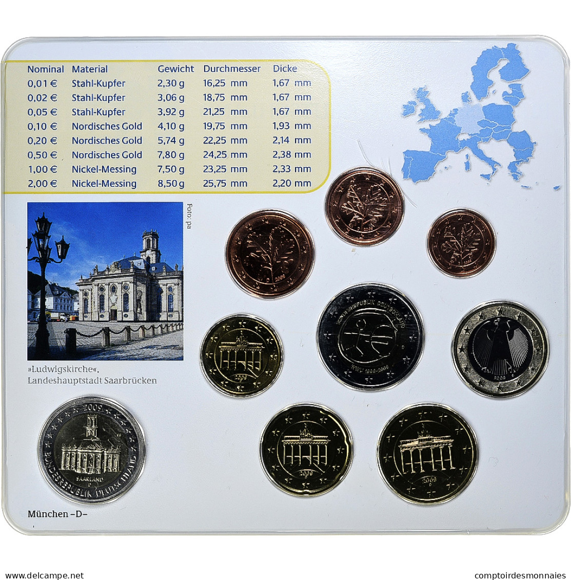 République Fédérale Allemande, Set 1 Ct. - 2 Euro + 2€, Ludwigskirche, Coin - Alemania