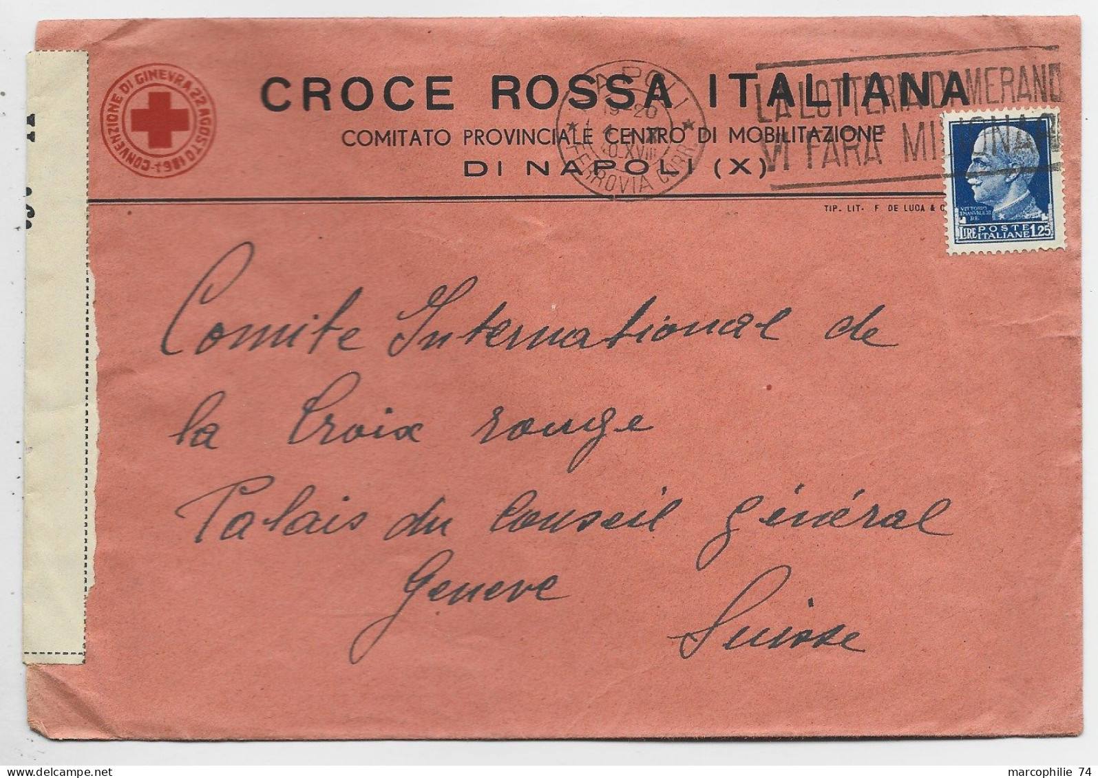 ITALIA 1.25 LETTERE COVER ENTETE CROCE ROSSA ITALIANA NAPOLI 1944 TO CROIX ROUGE GENEVE CENSURA - Storia Postale