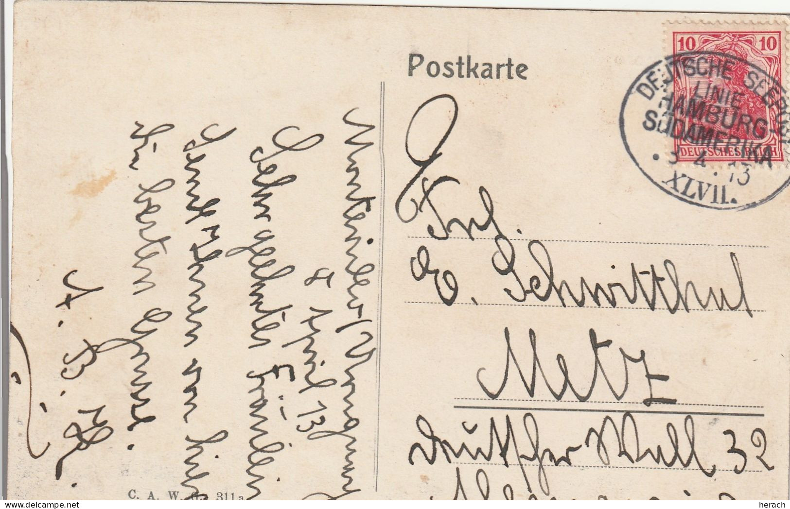 Allemagne Cachet Maritime Deutsche Seepost Hamburg / Südamerika Sur Carte Montevideo 1913 - Lettres & Documents