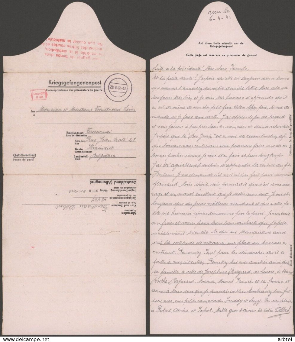 ALEMANIA A TOURNAI BELGICA POW CORREO PRISIONEROS DE GUERRA STALAG XIIIB 1940 - Storia Postale