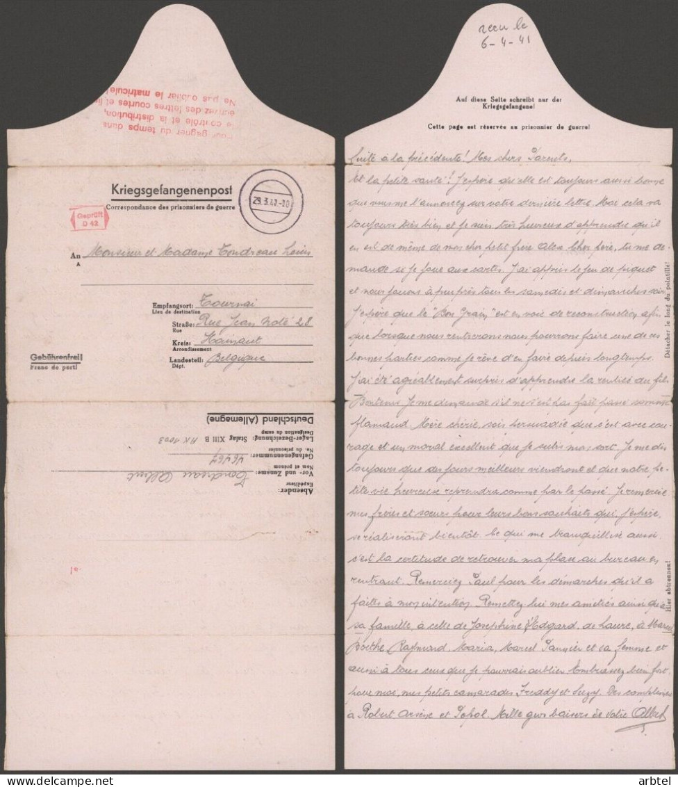 ALEMANIA A TOURNAI BELGICA POW CORREO PRISIONEROS DE GUERRA STALAG XIIIB 1940 - Briefe U. Dokumente