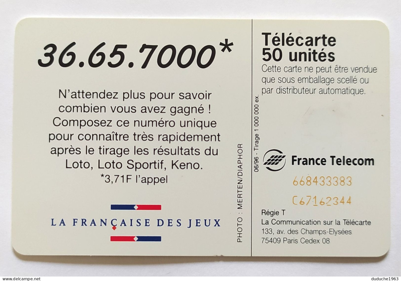 Télécarte France - Française Des Jeux - 36 65 7000 - Non Classés