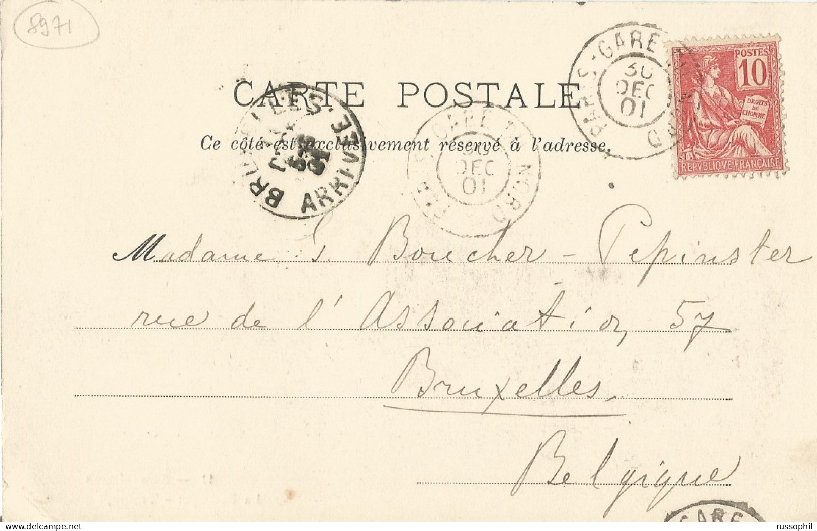 FRANCE - RAILWAYS - 75 - GARE DU NORD RAILWAYS STATION TRANSIT T17 DEP. CDS ON FRANKED PC TO BELGIUM - 1901 - Railway Post