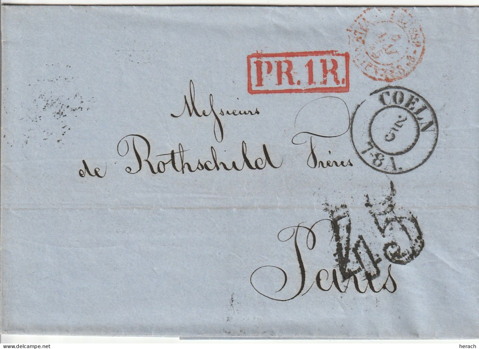 Allemagne Lettre Avec Correspondance Coeln Pour La France Taxe 45  1855 - [Voorlopers