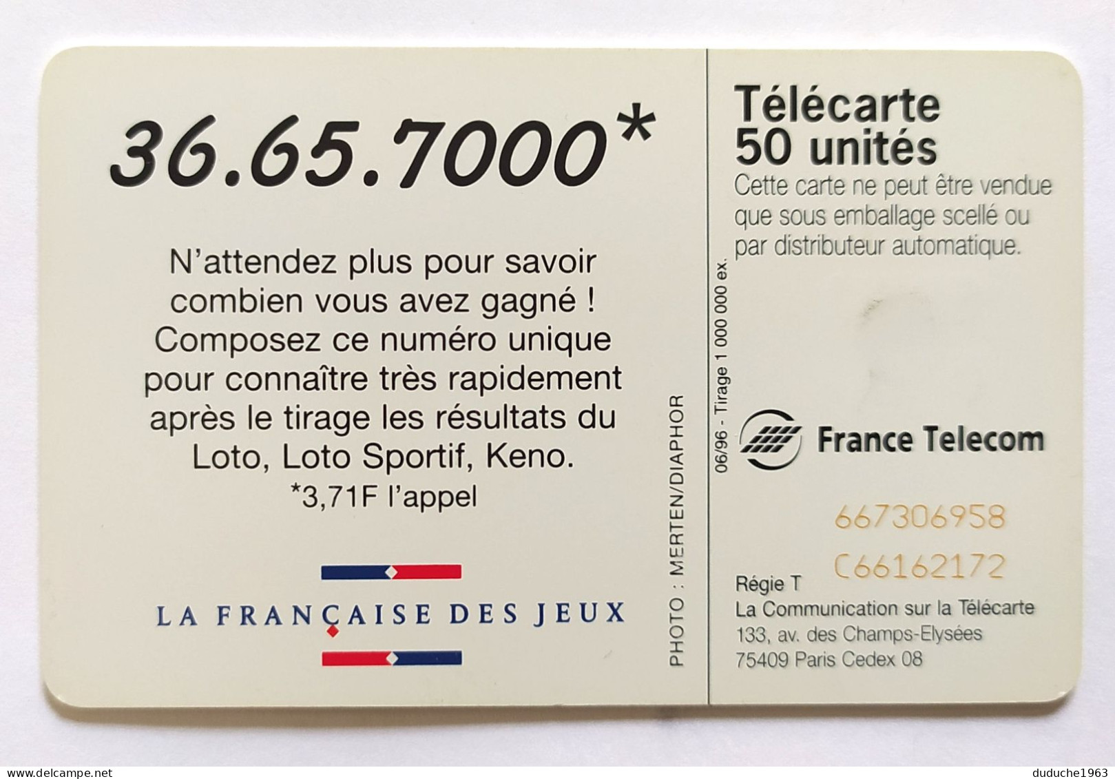 Télécarte France - Française Des Jeux - 36 65 7000 - Non Classés