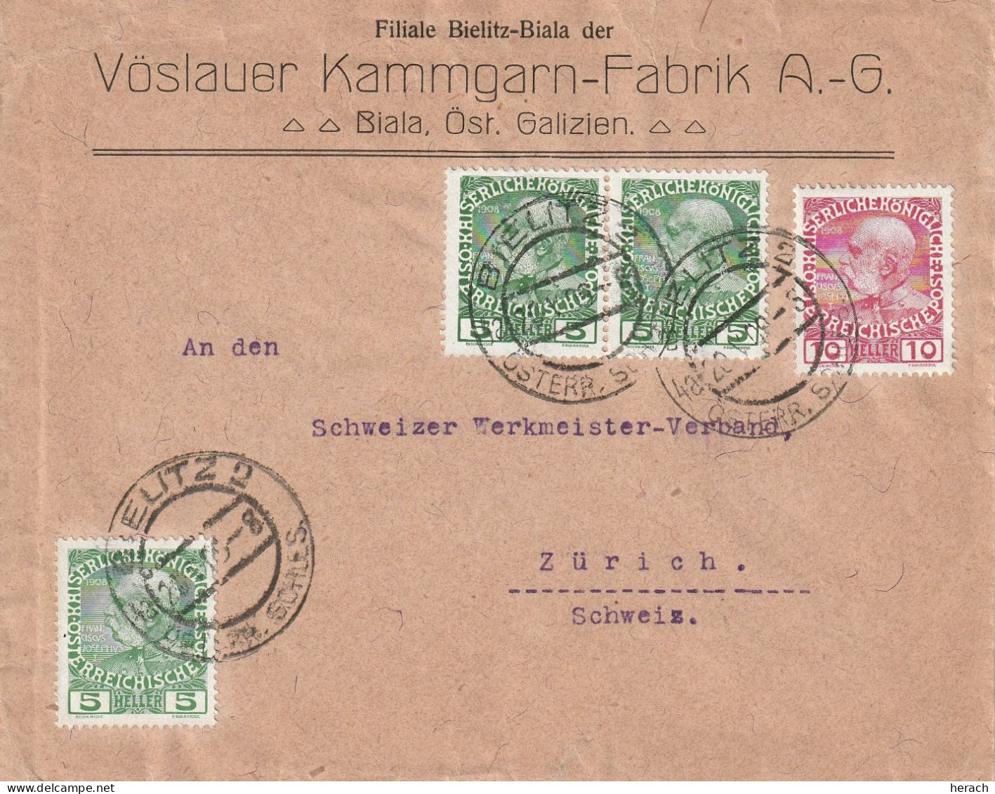 Autriche Lettre Bielitz Pour La Suisse 1909 - Storia Postale