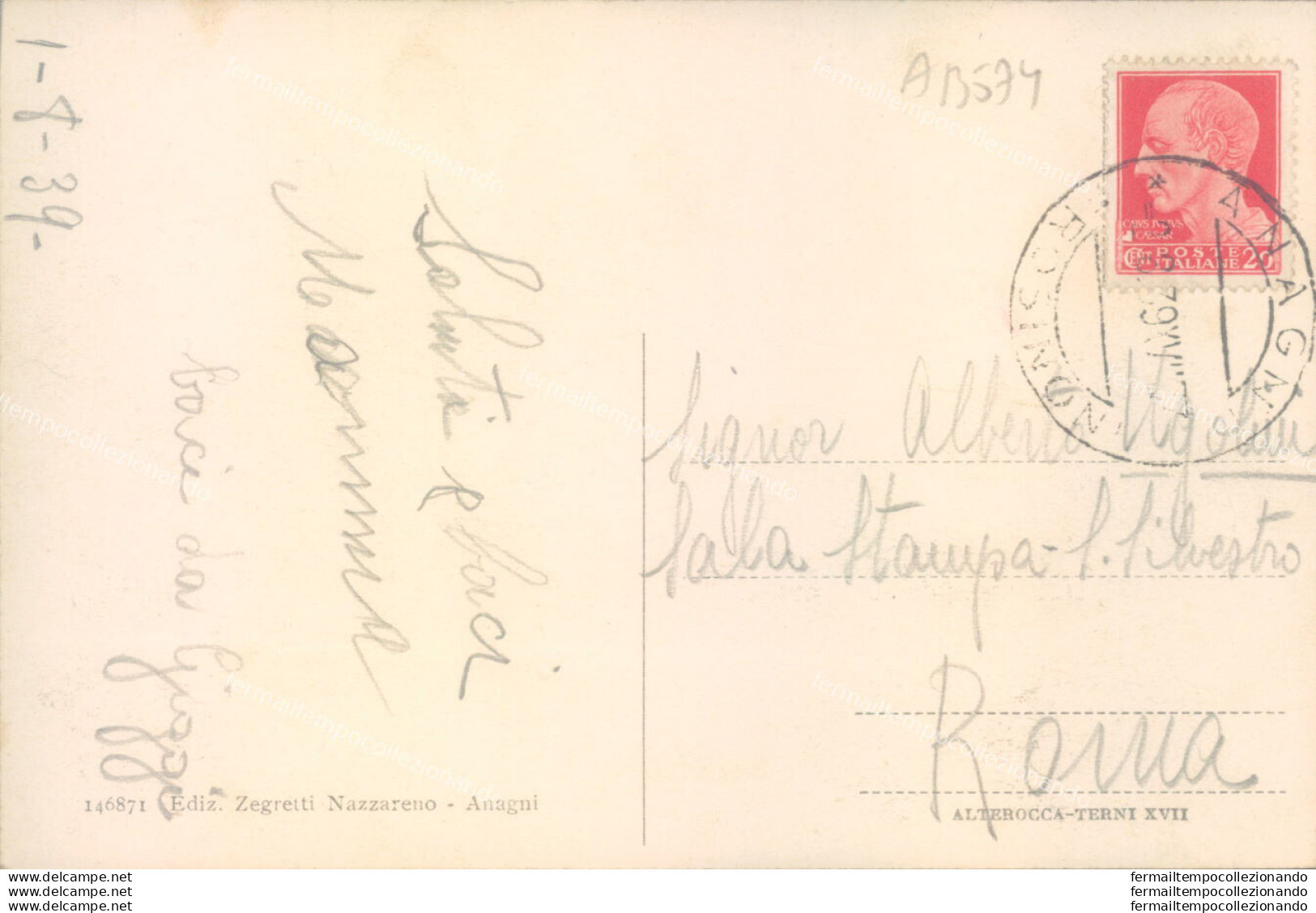 Ab574 Cartolina Saluti Da Anagni 1939  Provincia Di Frosinone - Frosinone