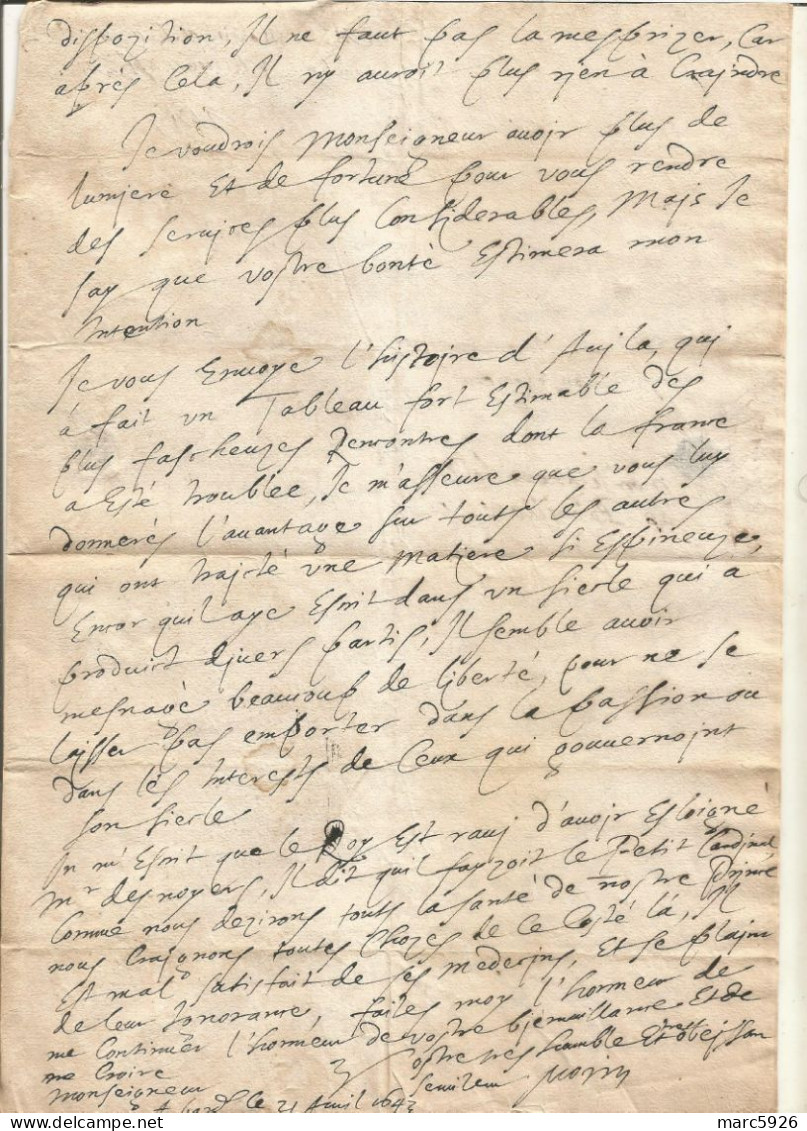 N°1973 ANCIENNE LETTRE DE MORIN AU DUC DE BOUILLON AVEC CACHET DE CIRE ET RUBAN DATE 1643 - Historical Documents