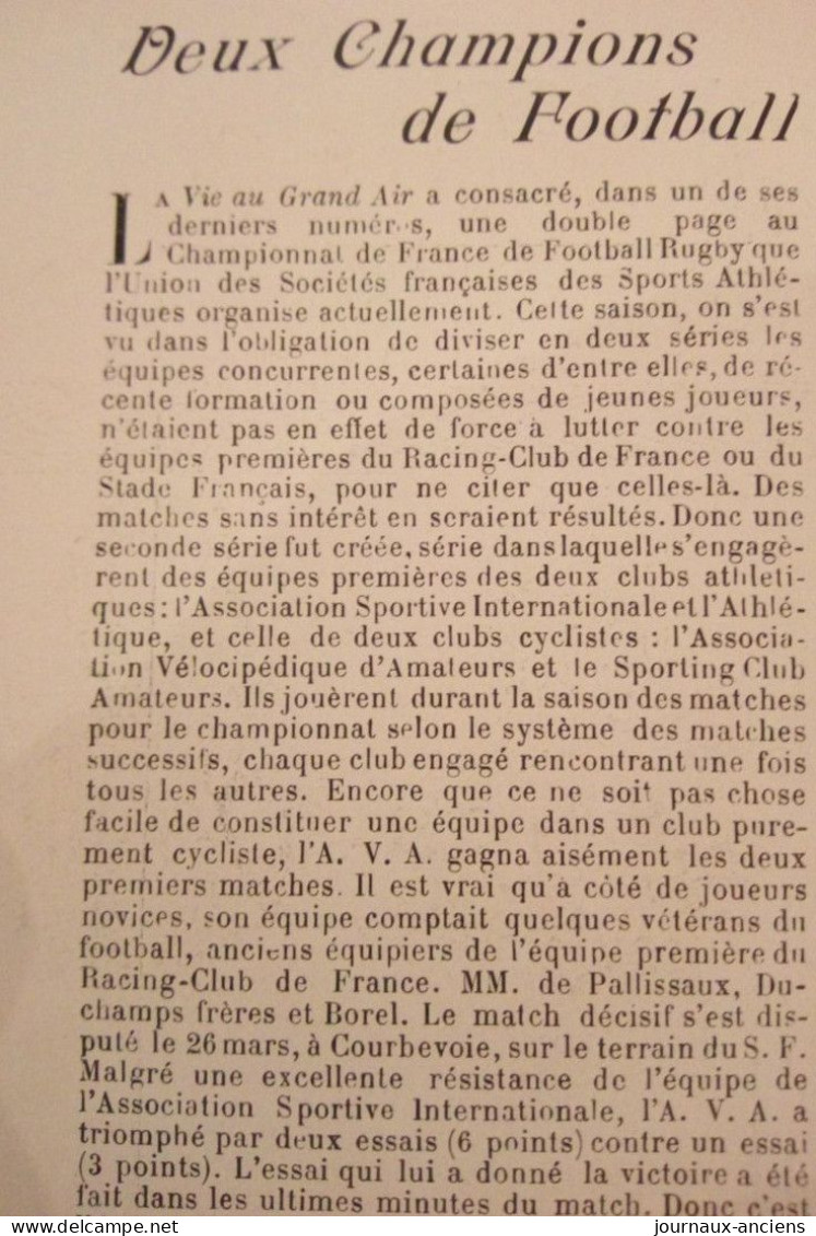 1899 RUGBY - DEUX CHAMPIONS DE RUGBY - ASSOCIATION VELOCIPÉDIQUE D'AMATEURS - ASSOCIATION ATHLÉTIQUE D'ALBERT LE GRAND - Revues Anciennes - Avant 1900