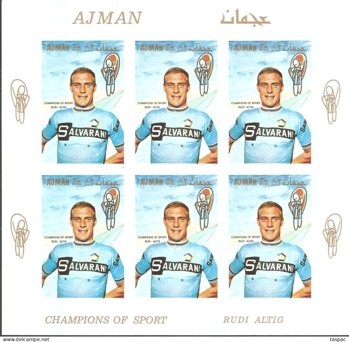 Ajman 1969 Mi# 354-360 B ** MNH - Imperf. - 7 Sheets Of 6 (3 X 2) - Famous Athletes (I) / Cycling - Ajman