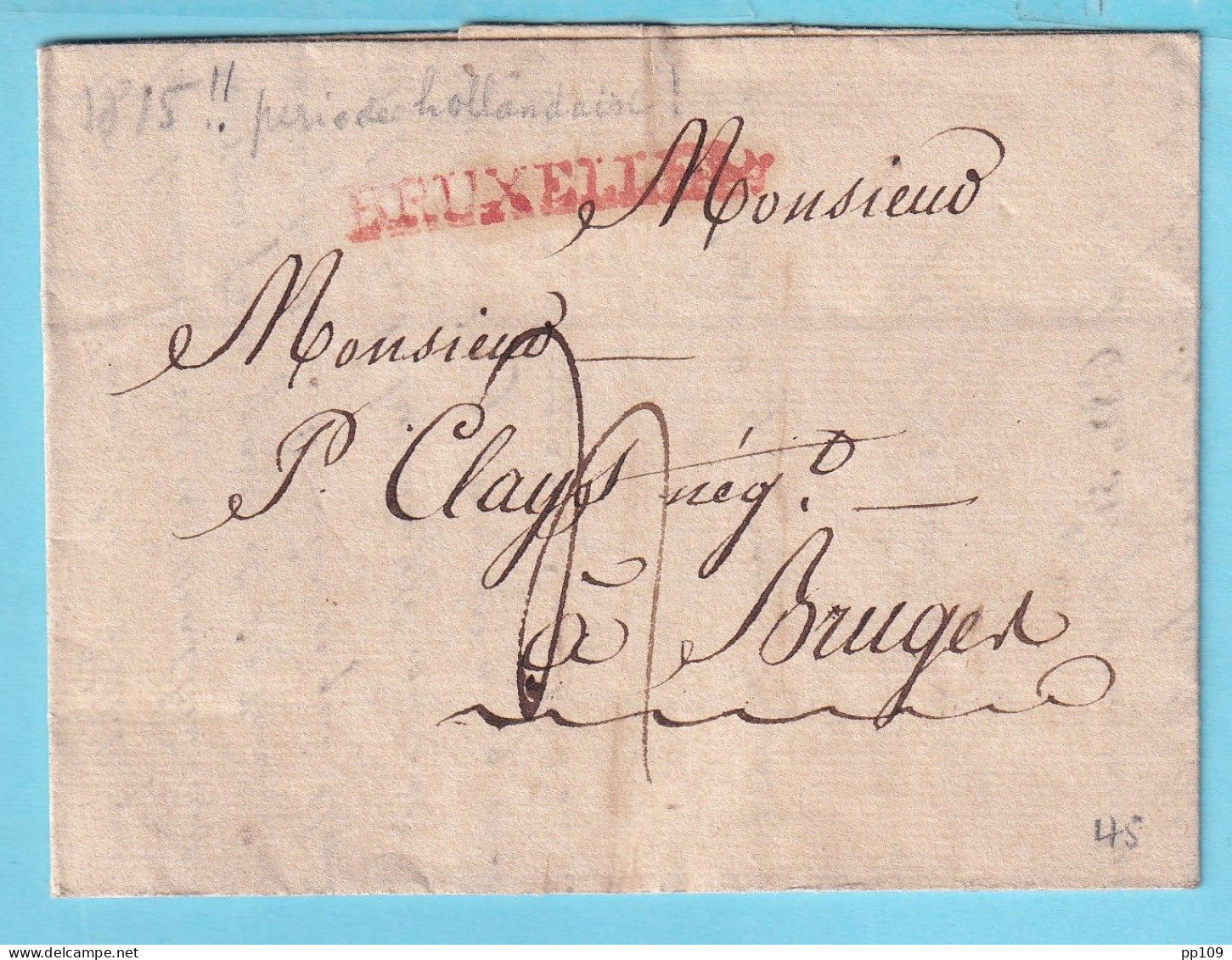 PRECURSEUR Avec Cont. 22 Mai 1815 ! De BRUXELLES Vers BRUGES - 1830-1849 (Belgique Indépendante)