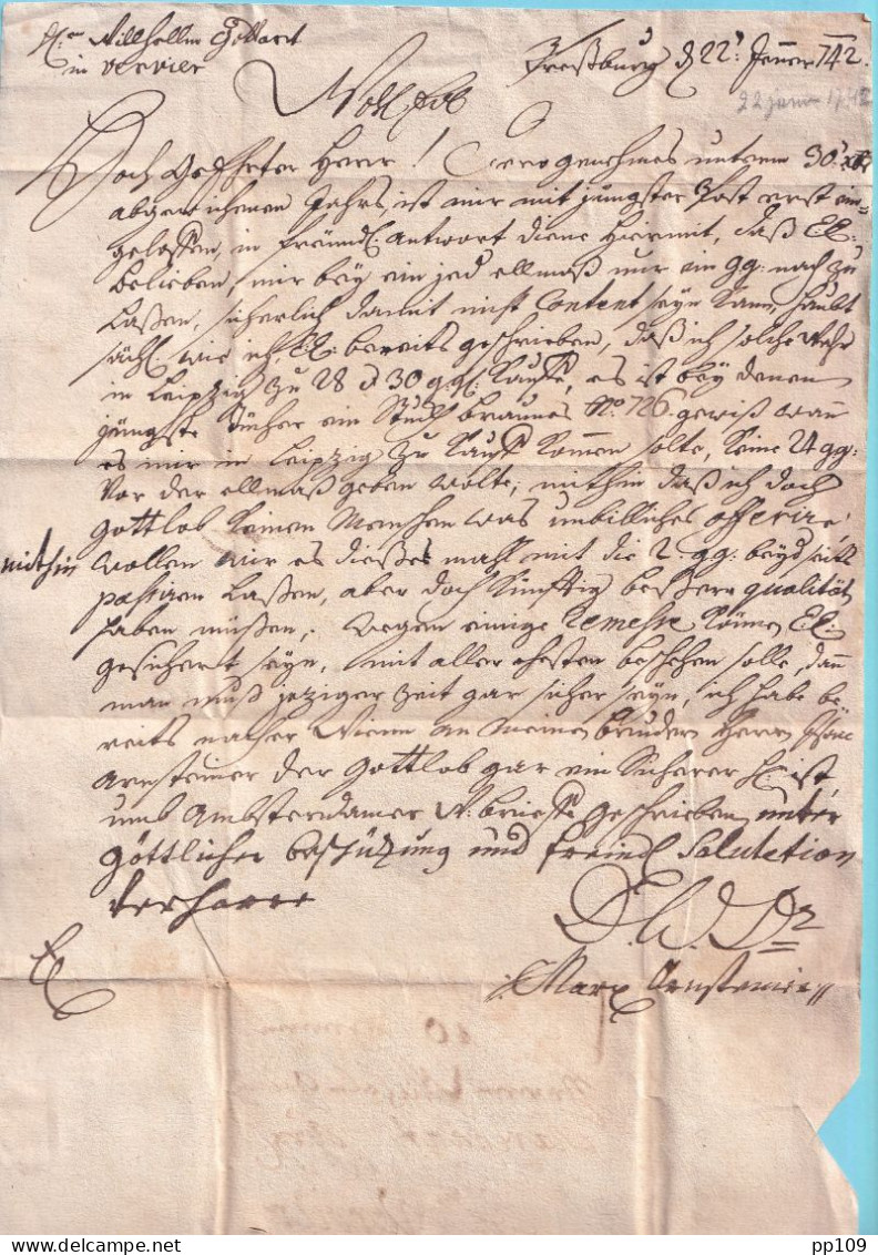 PRECURSEUR  Avec Cont.22 Janvier 1742  Vers VERVIERS  - 1714-1794 (Oostenrijkse Nederlanden)