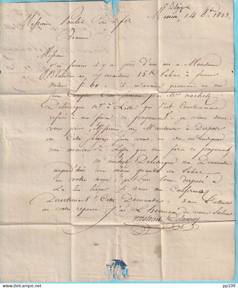 PRECURSEUR  Avec Cont. 14 Octobre 1823 MENIN MEENEN Vers Beaune France  - 1830-1849 (Belgique Indépendante)