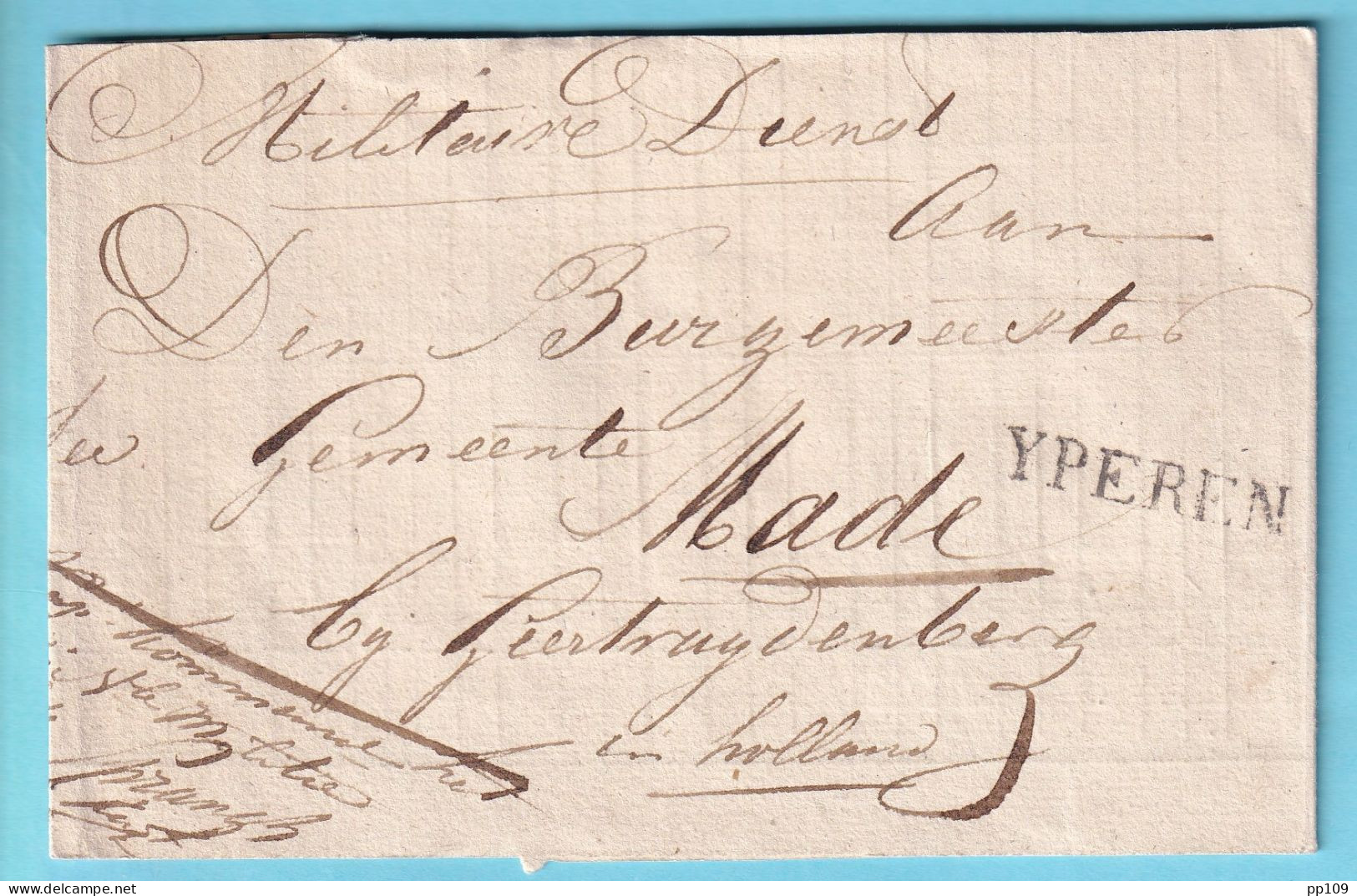 PRECURSEUR  Bande Sans Contenu Franchise Militaire Dienst YPEREN Vers Geertragdenberg HOLLAND - 1815-1830 (Periodo Holandes)