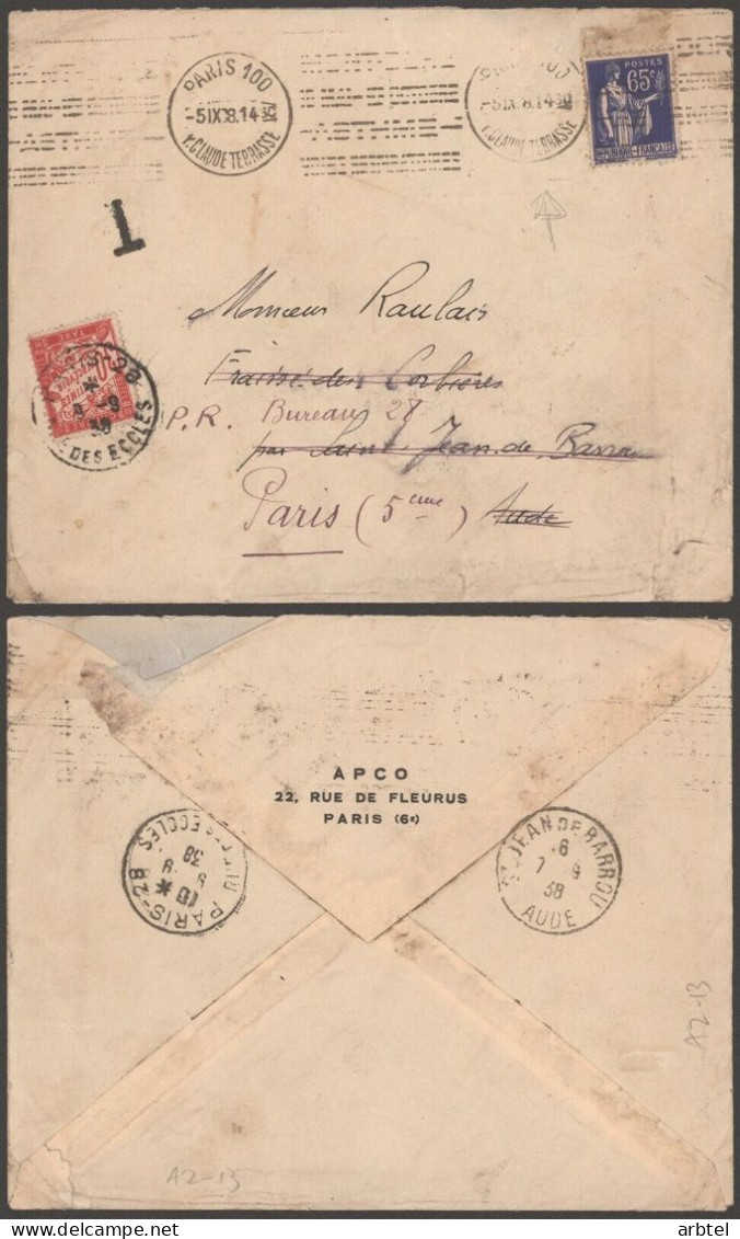 FRANCIA PARIS 1938 A SAINT JEAN DE BARROU REEXPEDIDA CON SELLO TASA - Lettres & Documents