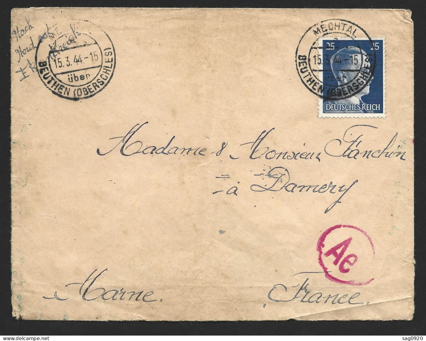 Allemagne-Enveloppe Mechtal 1944 - Lettres & Documents