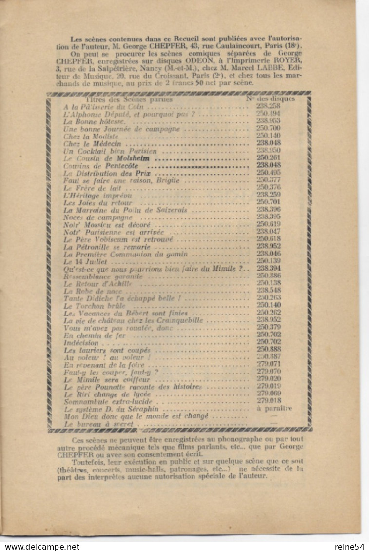 Recueil De Six Scènes Lorraines -Comique Célèbres George CHEPFER (grand Prix Du Disque 1934 Edit. Jean Picot Paris N°50 - 1900 - 1949