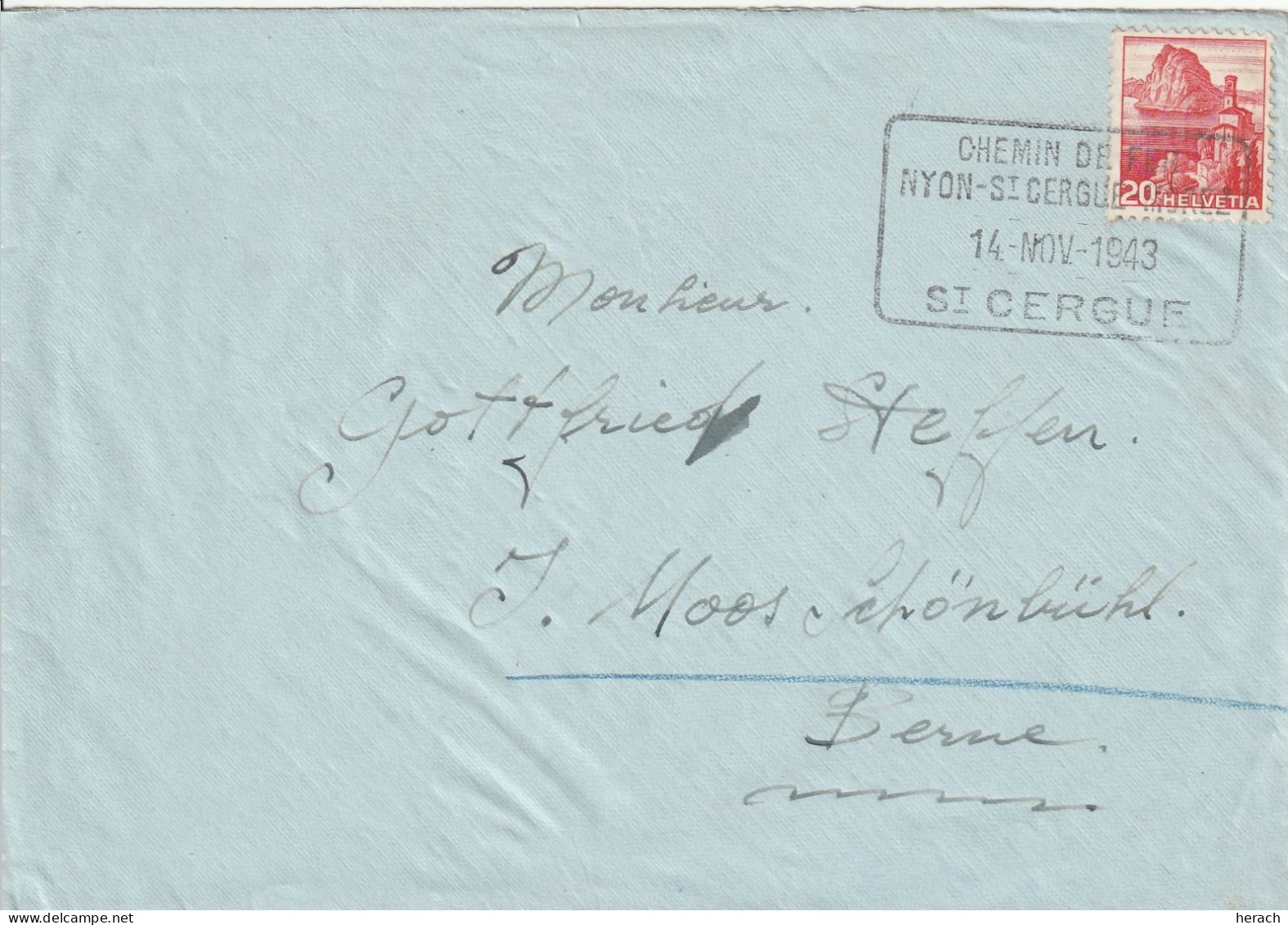 Suisse Cachet Rectangulaire Chemin De Fer Nyon - St Cergue Sur Lettre 1943 - Postmark Collection