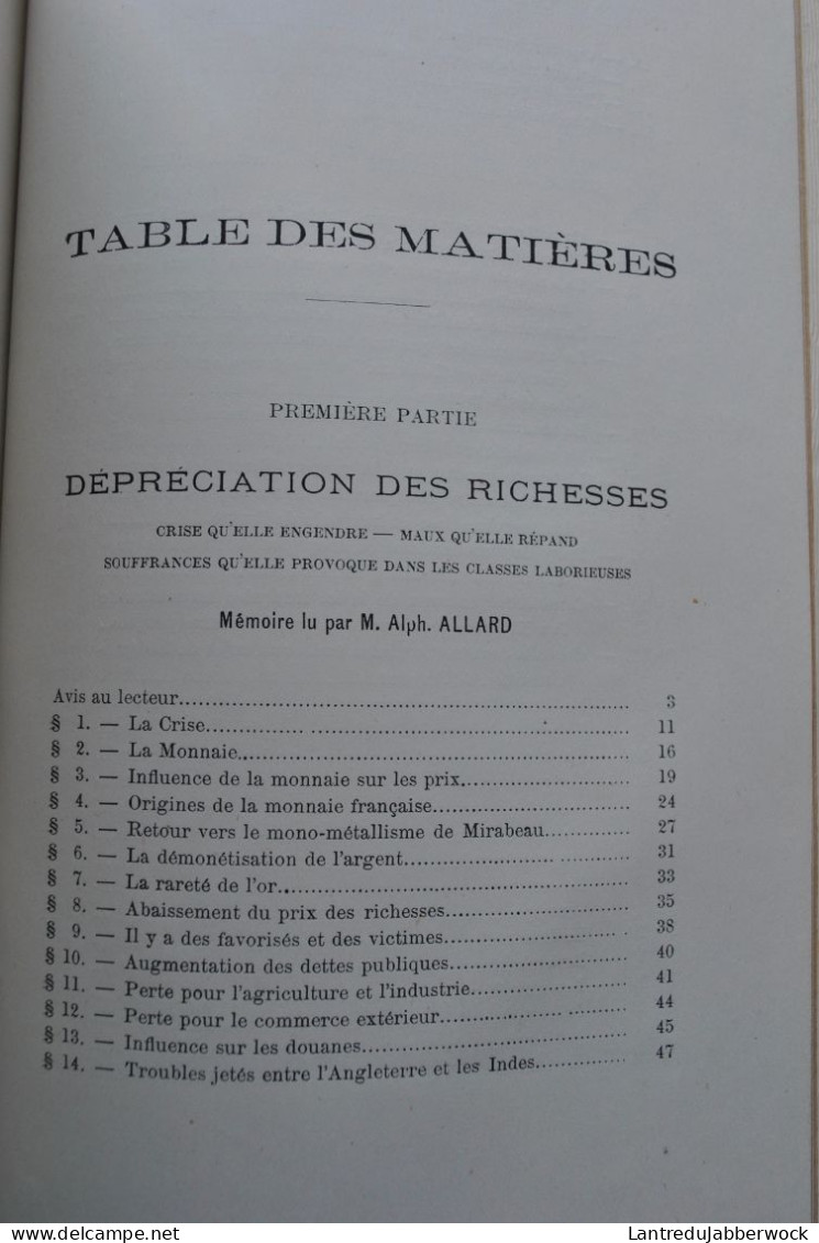 ALLARD Dépréciation des richesses Souffrance des classes laborieuses Mémoire lu et approuvé à l'académie de France 1889