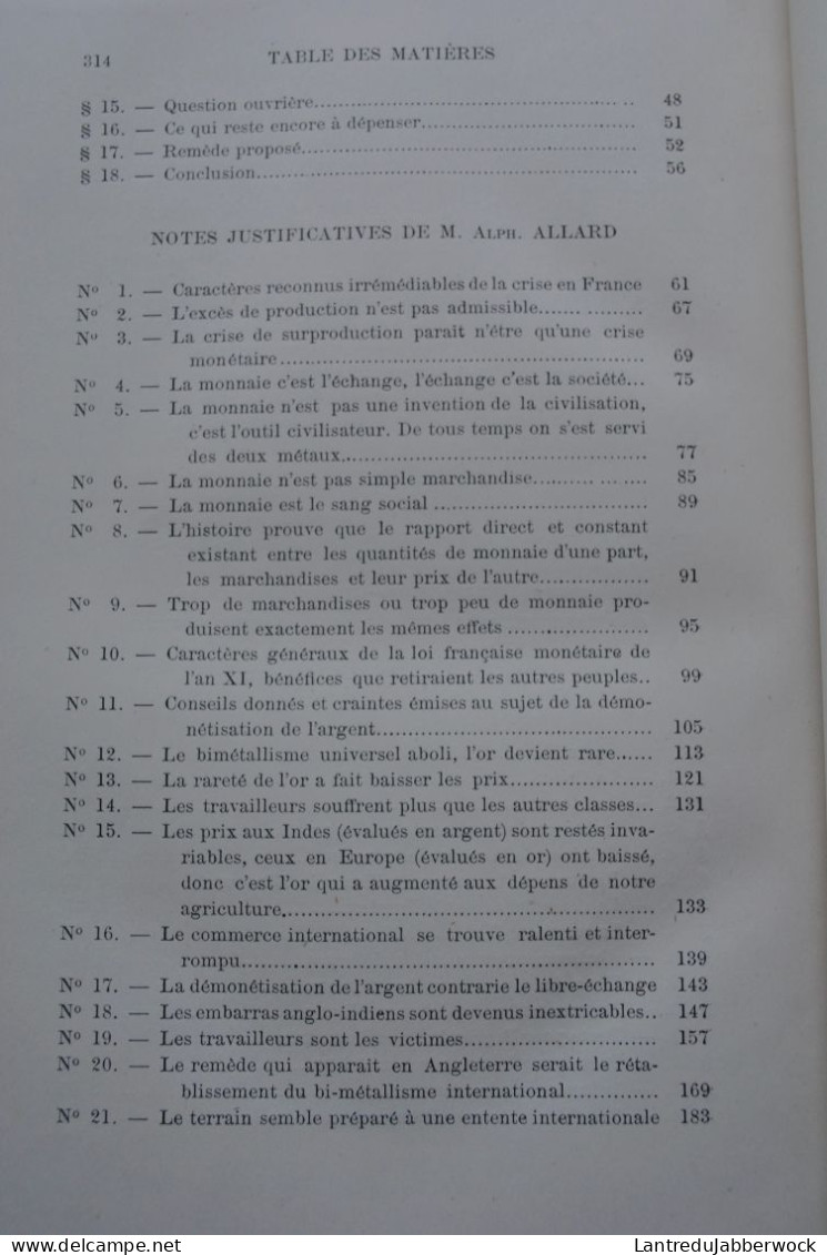 ALLARD Dépréciation des richesses Souffrance des classes laborieuses Mémoire lu et approuvé à l'académie de France 1889