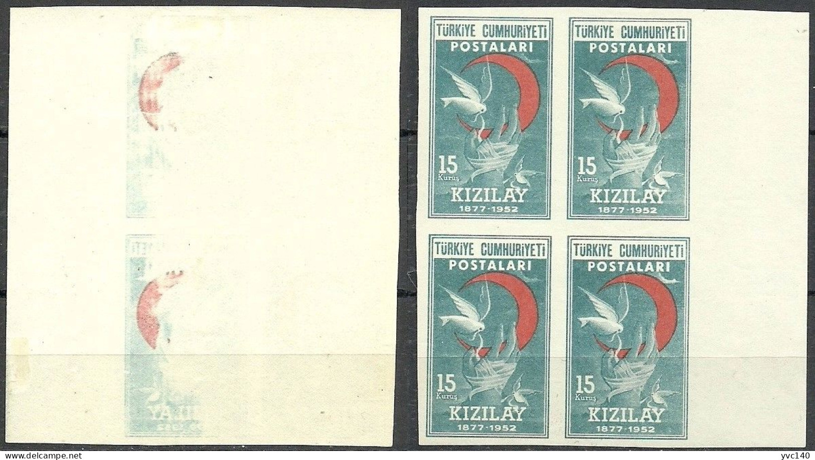 Turkey; 1952 75th Year Of The Turkish Red Crescent Society 15 K. ERROR "Abklatsch & Imperf. Block Of 4" - Unused Stamps