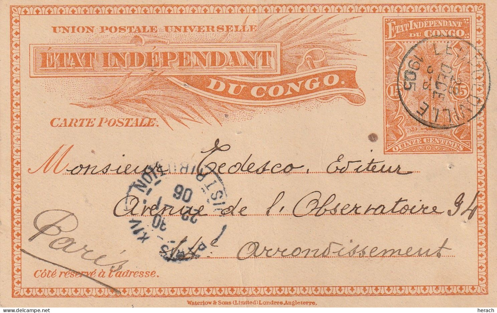 Congo Belge Entier Postal Léopoldville Pour La France 1905 - Postwaardestukken