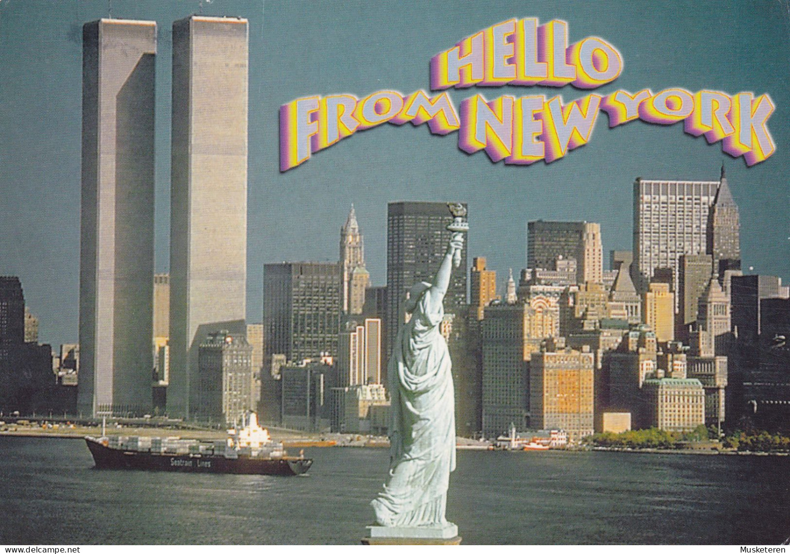 United States PPC Hello From New York Statue Of Liberty & World Trade Center Twin Towers NEW YORK 1999 (2 Scans) - World Trade Center
