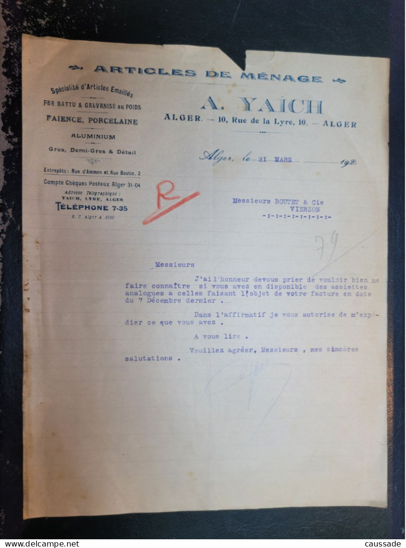 ALGER - A. YAICH - 10 Rue De La Lyre - Faïence, Porcelaine, Verrerie, Articles De Ménage - Algiers