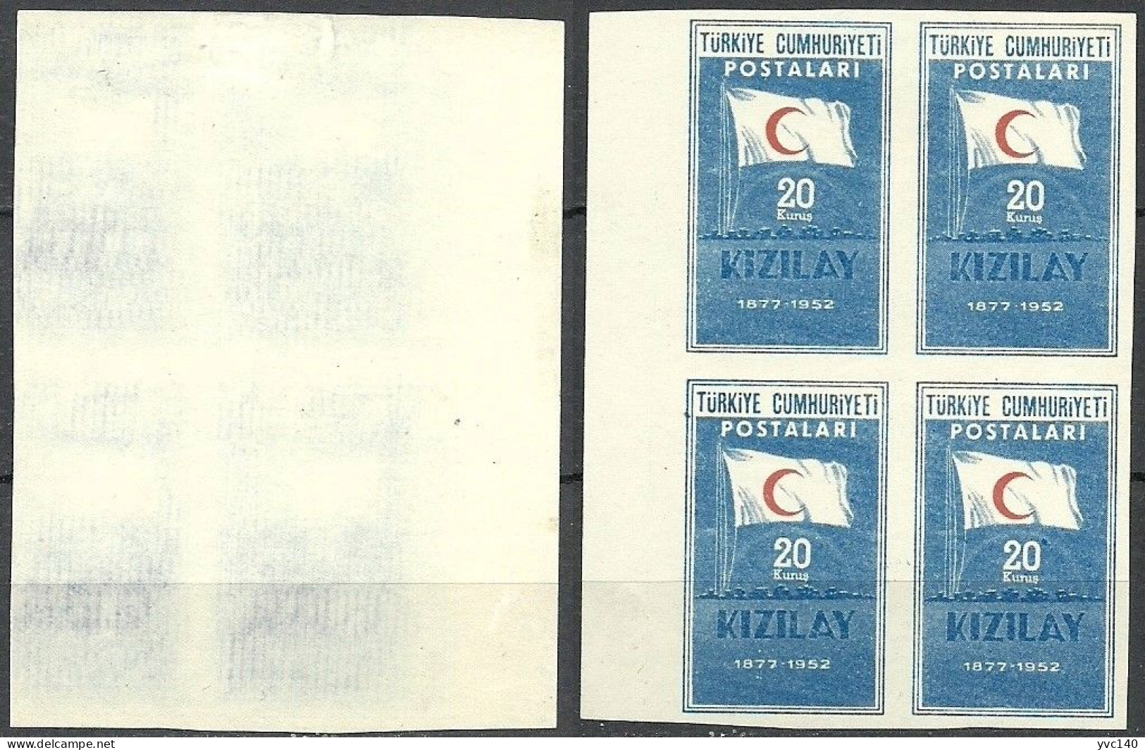 Turkey; 1952 75th Year Of The Turkish Red Crescent Society 20 K. ERROR "Abklatsch & Imperf. Block Of 4" - Ongebruikt