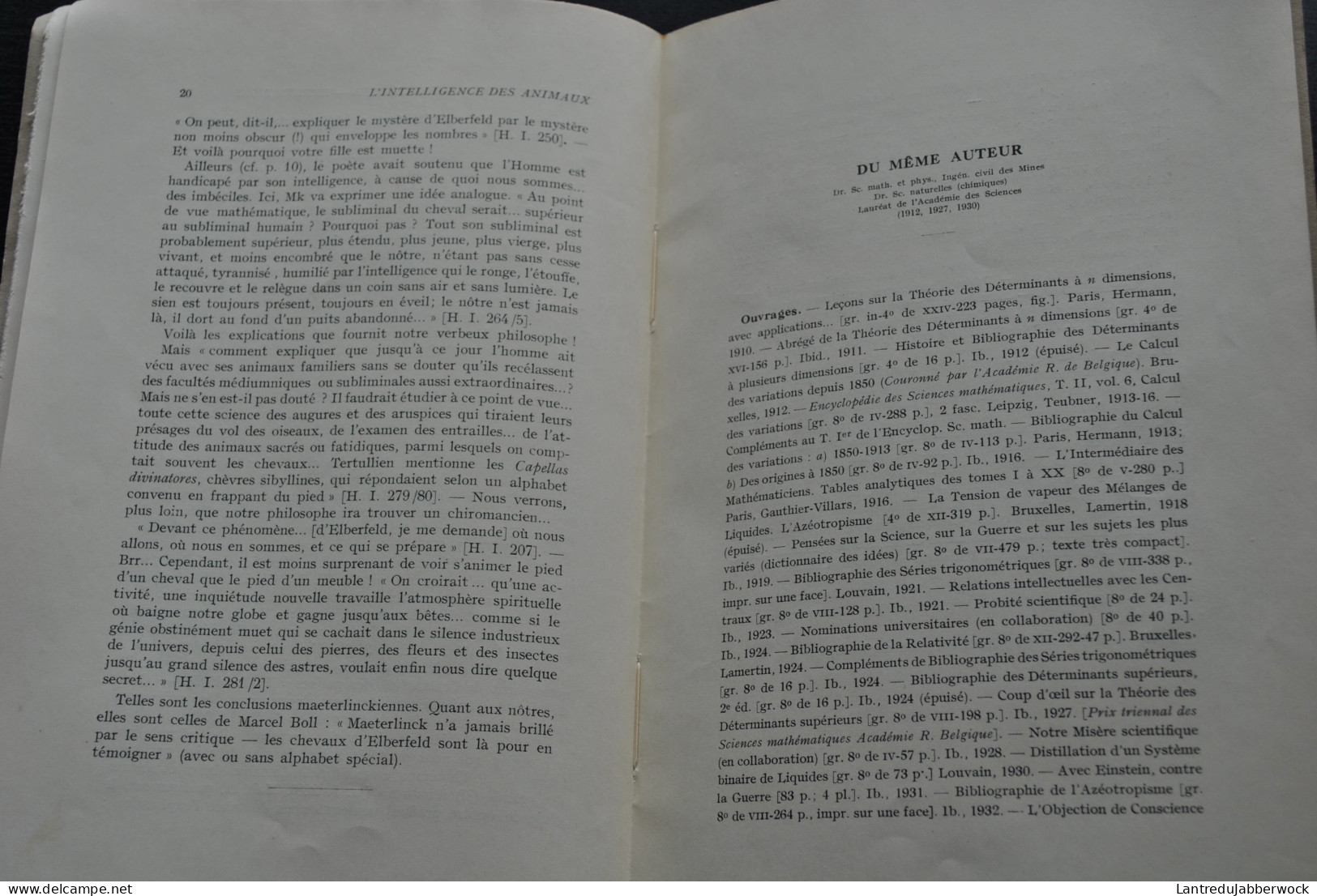 Maurice LECAT L'intelligence Des Animaux Insectes Sociaux Chevaux Mathématiciens Et Causeurs ENVOI Pamphlet Maeterlinck - 1901-1940