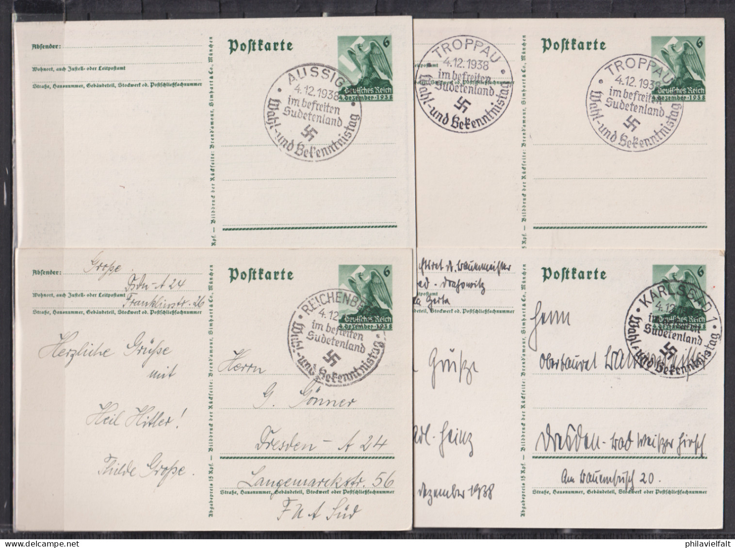 Dt.Reich 1938 Abstimmung Im Sudetenland 4x Ganzsache P 275 SSt  Komplett Aussig/Reichenberg/Karlsbad/Troppau - Cartes Postales