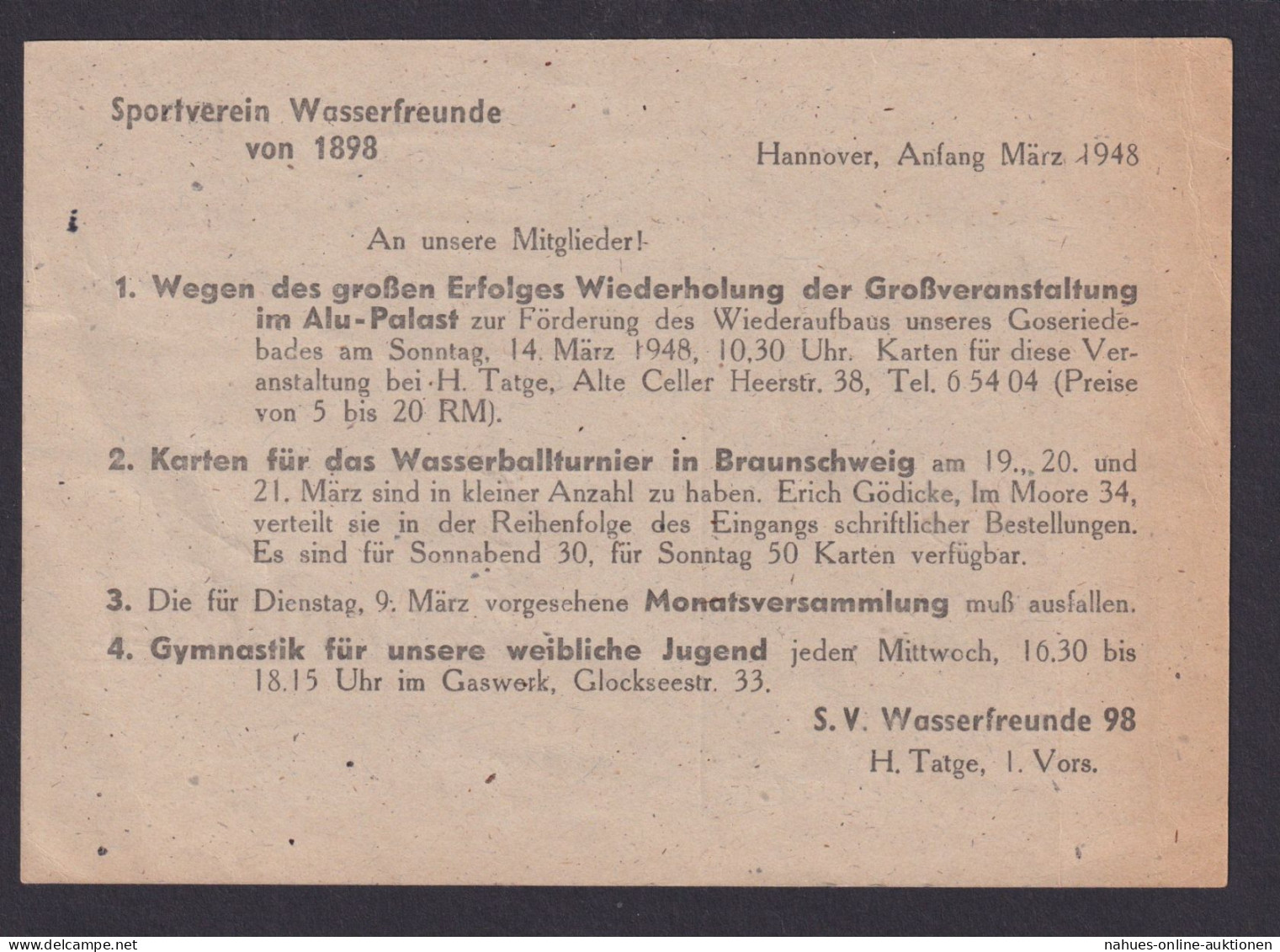 Heimat Sport Wassersport Besetzung Postkarte Hannover Sportverein Wasserfreunde - Autres & Non Classés