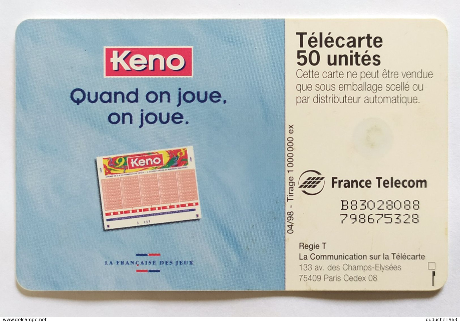 Télécarte France - Française Des Jeux - Keno - Ohne Zuordnung