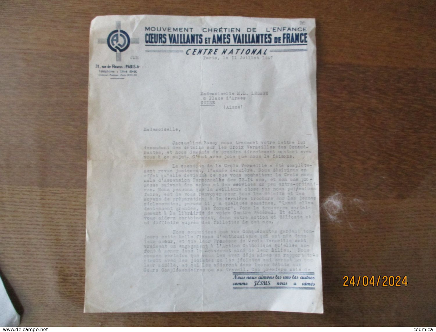 MOUVEMENT CHRETIEN DE L'ENFANCE COEURS VAILLANTS ET AMES VAILLANTES DE FRANCE COURRIER DU 11 JUILLET 1947 - Godsdienst & Esoterisme